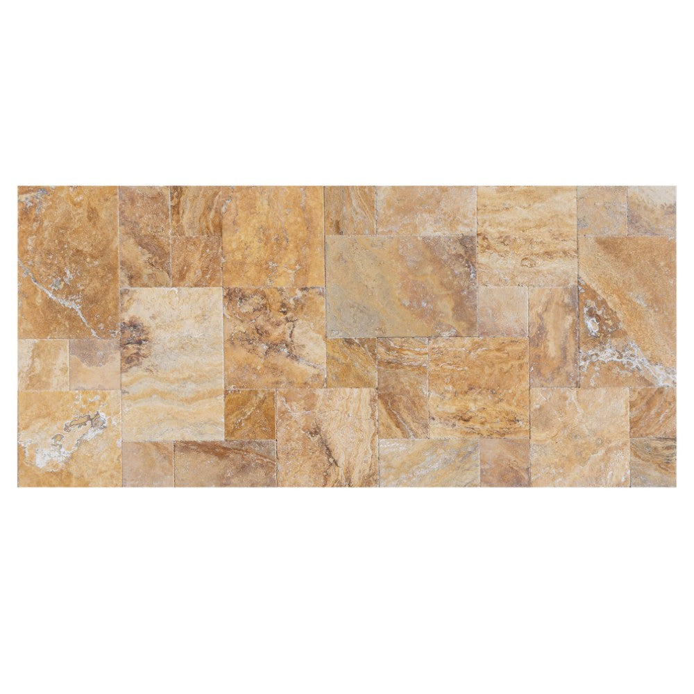 scabos antique french pattern set travertine tile brushed and chiseled and filled SKU-10080111 view of the product on the top