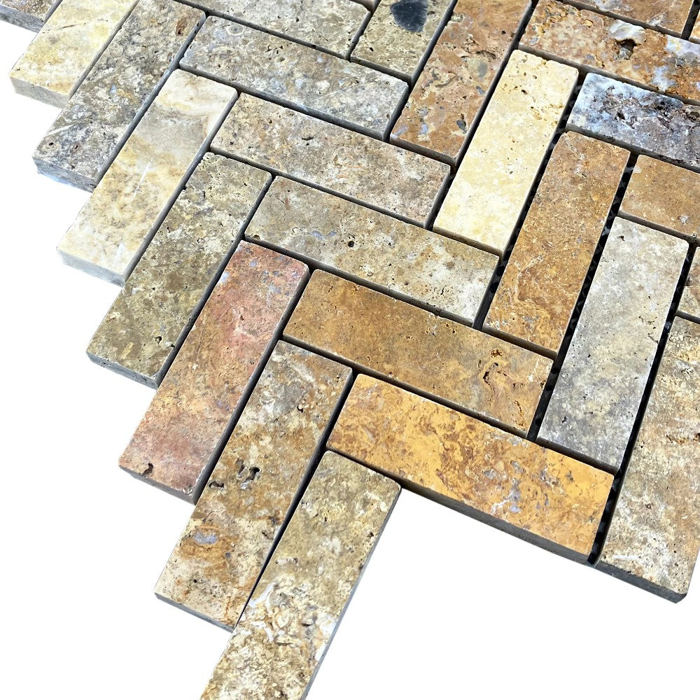 Scabos Travertine 1"x3" Herringbone on 12" x 12" Mesh Mosaic Tile SKU: HSSTH1x3HBMOSH corner view