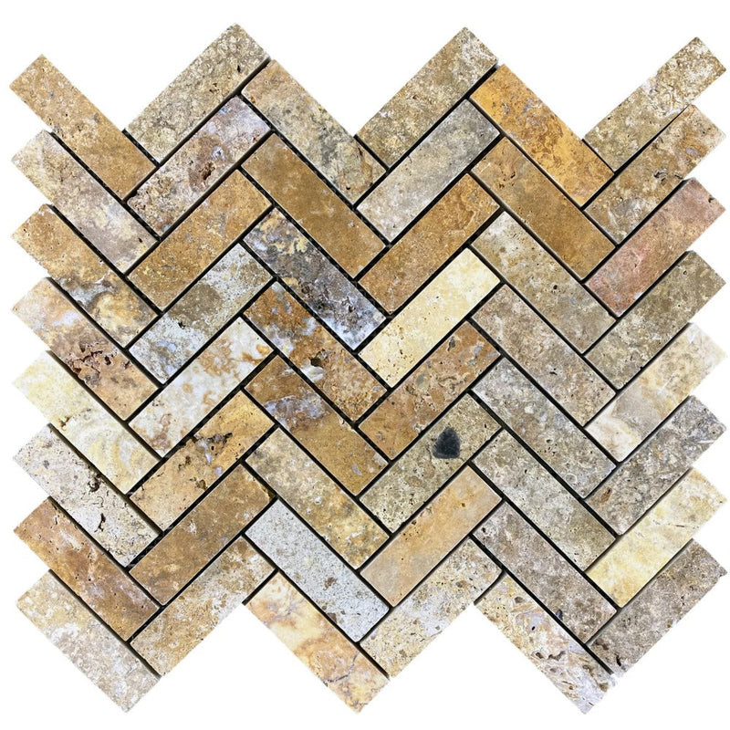 Scabos Travertine 1"x3" Herringbone on 12" x 12" Mesh Mosaic Tile SKU: HSSTH1x3HBMOSH on white background