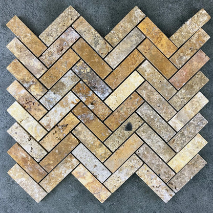 Scabos Travertine 1"x3" Herringbone on 12" x 12" Mesh Mosaic Tile SKU: HSSTH1x3HBMOSH top view