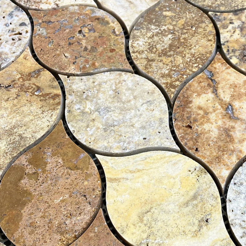 Scabos Travertine Leaf Design on 12" x 12" Mesh Mosaic Tile SKU-HSSTLEABMOSH close view