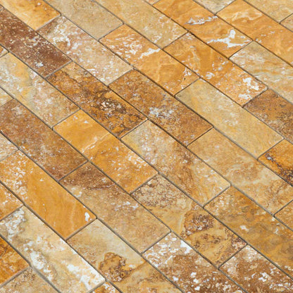 scabos travertine mosaics brushed filled 2x6 SKU-20012416 close angle view