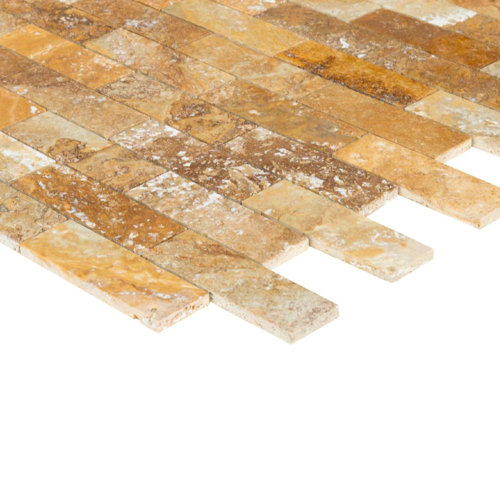 scabos travertine mosaics brushed filled 2x6 SKU-20012416 corner view