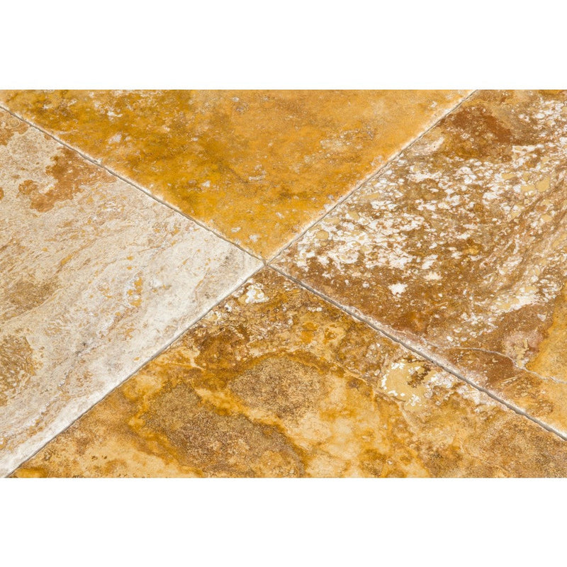 scabos travertine tile size 16"x24" surface brushed filled edge chiseled SKU-10086021.4 close-up shot of travertine tiles.