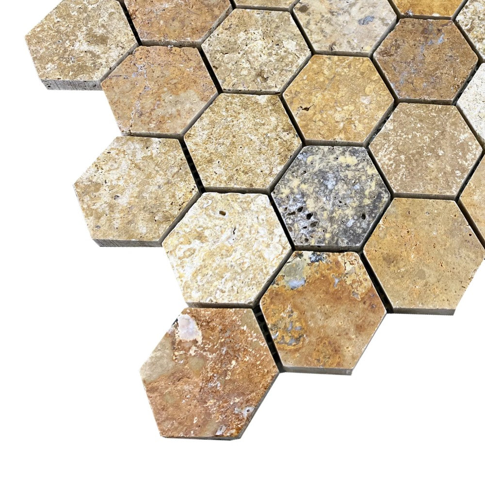 Scabos Travertine 2" Hexagon on 12" x 12" Mesh Mosaic Tile SKU-HSST2HEXMOSH corner view