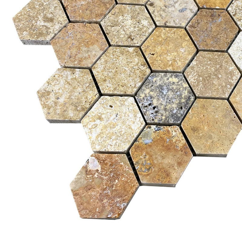 Scabos Travertine 2" Hexagon on 12" x 12" Mesh Mosaic Tile SKU-HSST2HEXMOSH corner view