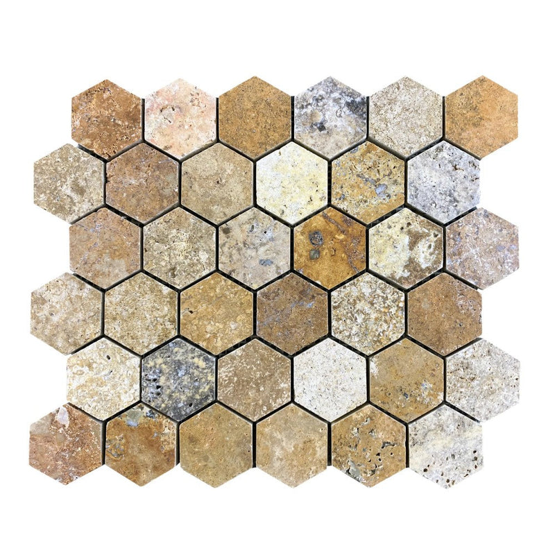 Scabos Travertine 2" Hexagon on 12" x 12" Mesh Mosaic Tile SKU-HSST2HEXMOSH on white background