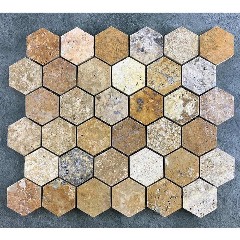 Scabos Travertine 2" Hexagon on 12" x 12" Mesh Mosaic Tile SKU-HSST2HEXMOSH top view