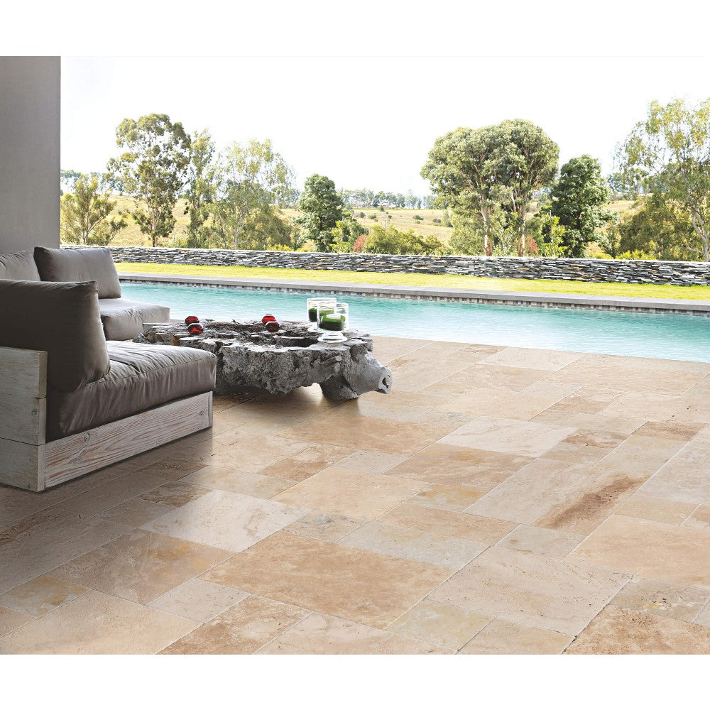 Scott rustic antique French pattern set travertine tile size pattern set surface brushed unfilled edge chiseled SKU-10104421 installed on terrace floor