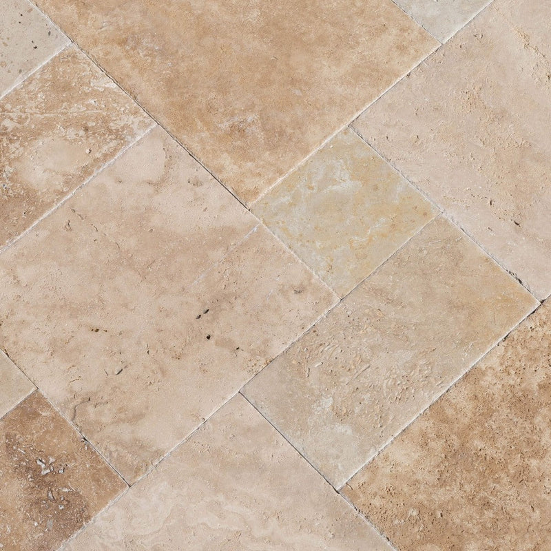 Scott rustic antique French pattern set travertine tile size pattern set surface brushed unfilled edge chiseled SKU-10104421 Close up view of the product.