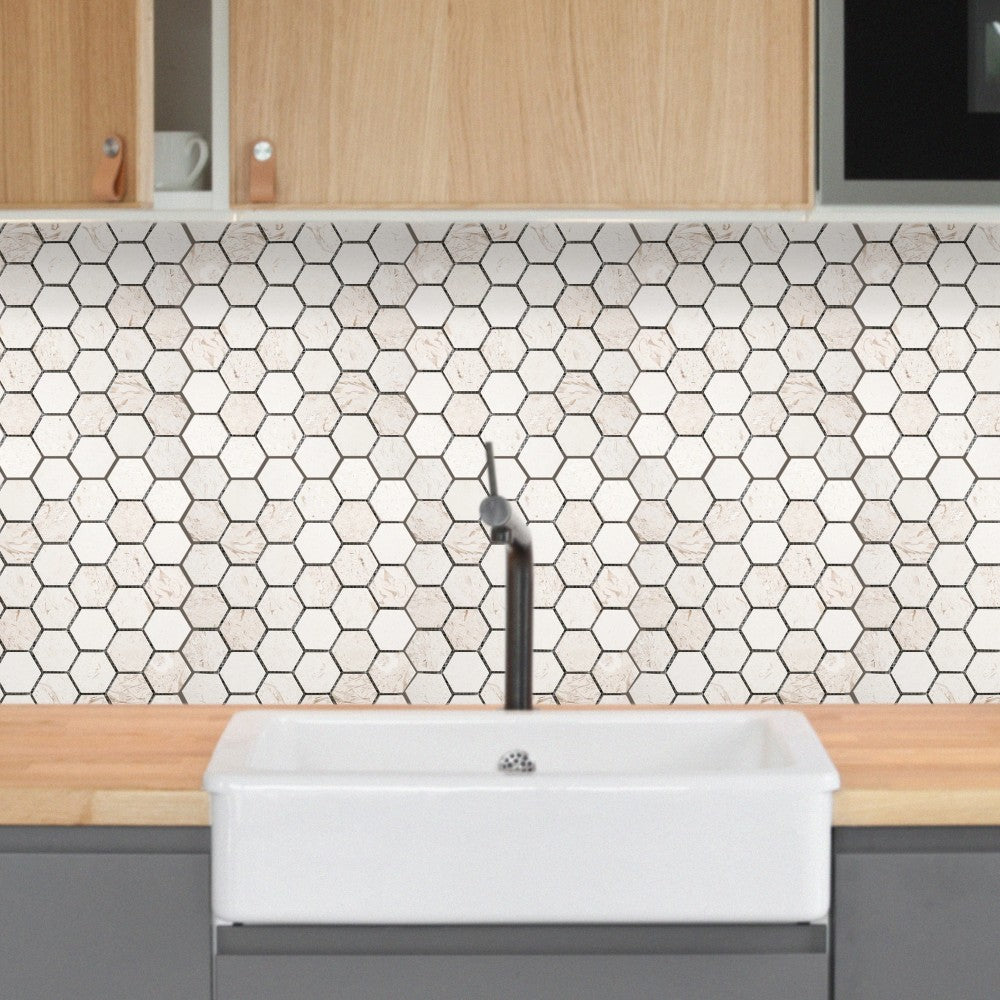 Shell Stone Limestone 2" Hexagon Honed on 12" x 12" Mesh Mosaic Tile SKU-HSSS2HEXMOSH Installed view