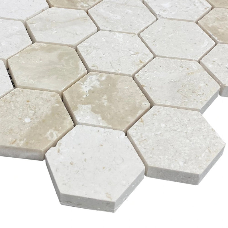 Shell Stone Limestone 2" Hexagon Honed on 12" x 12" Mesh Mosaic Tile SKU-HSSS2HEXMOSH corner view