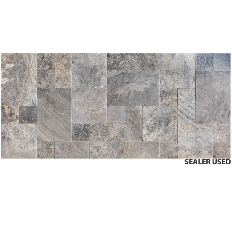 silver antique french pattern set travertine tile brushed chiseled filled SKU-10077236 view of the product with sealed used
