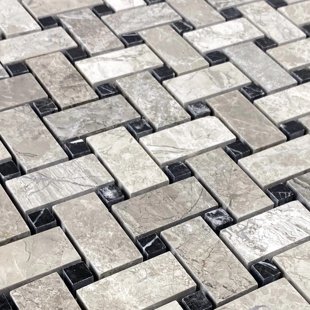 Silver Shadow Marble Basketweave Design on 12" x 12" Mesh Mosaic Tile SKU-HSSHBWVDMOSH close view