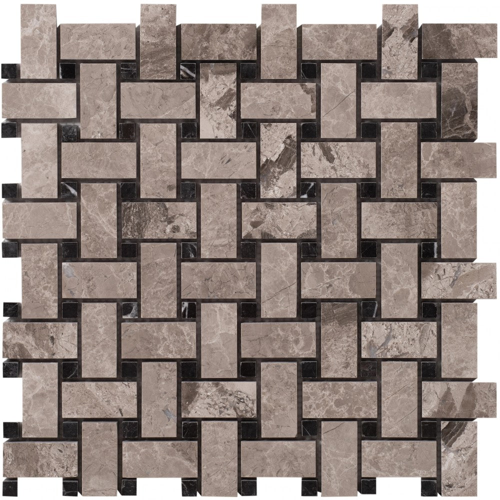 Silver Shadow Marble Basketweave Design on 12" x 12" Mesh Mosaic Tile SKU-HSSHBWVDMOSH Mesh view on white background