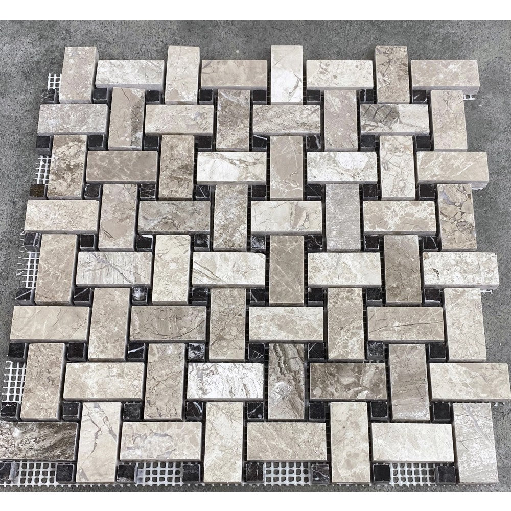 Silver Shadow Marble Basketweave Design on 12" x 12" Mesh Mosaic Tile SKU-HSSHBWVDMOSH under sunlight