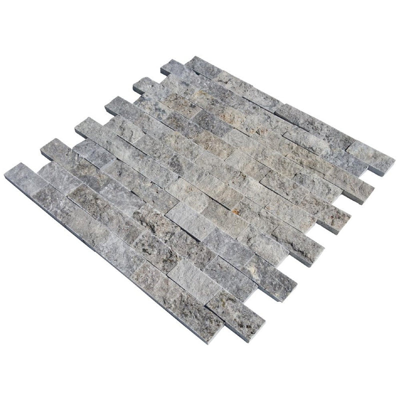 natural stone 1x2 split face mosaic light silver travertines SKU-20012402 angle view