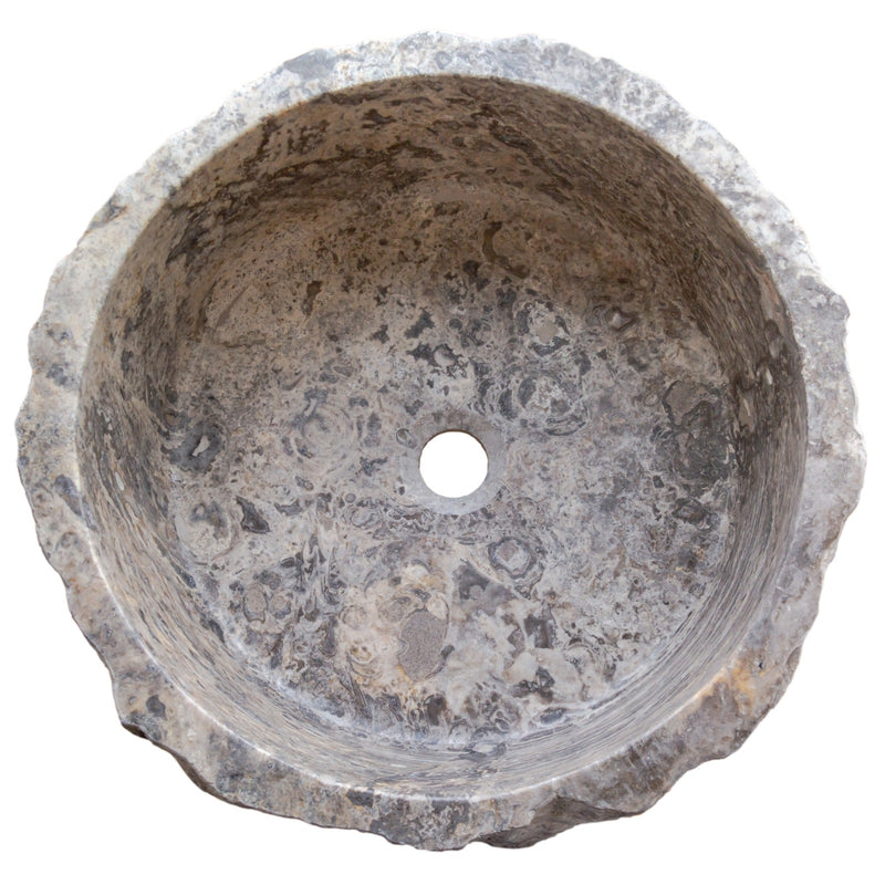 silver travertine rustic stone vessel sink polished interior hand chiseled exterior SKU NTRVS13 Size (D)16" (H)6" top view product shot