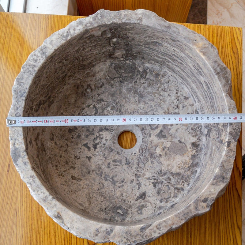 silver travertine rustic stone vessel sink polished interior hand chiseled exterior SKU NTRVS13 Size (D)16" (H)6" diameter measure view