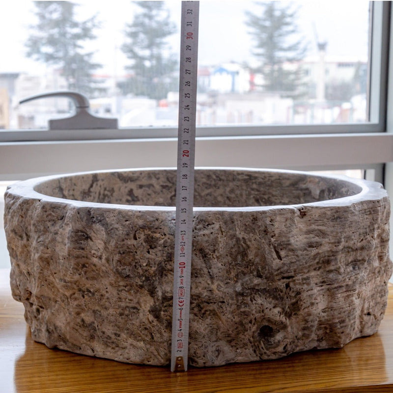 silver travertine rustic stone vessel sink polished interior hand chiseled exterior SKU NTRVS13 Size (D)16" (H)6" height measure view