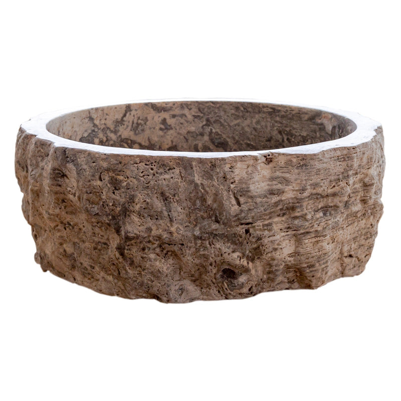 silver travertine rustic stone vessel sink polished interior hand chiseled exterior SKU NTRVS13 Size (D)16" (H)6" side view product shot