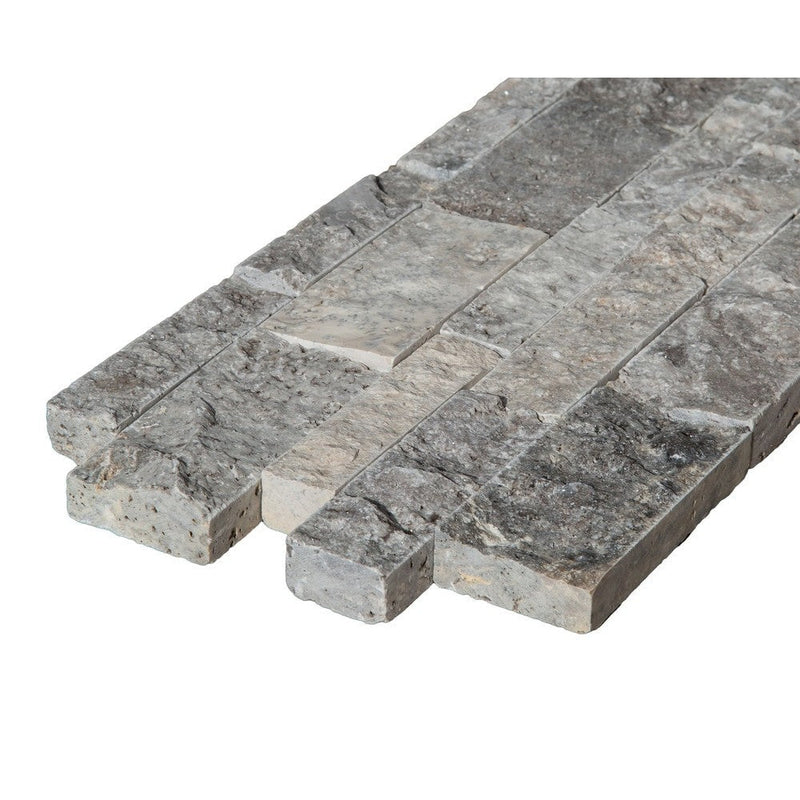silver travertine split face stone siding mesh size 7.25"x19.75"-SKU-10107183 corner view