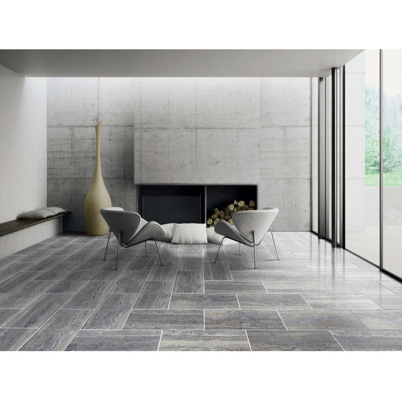 silver vein cut travertine tile size12"x24" surface polished filled edge straight SKU-10080932 Installed shot of travertine tiles.