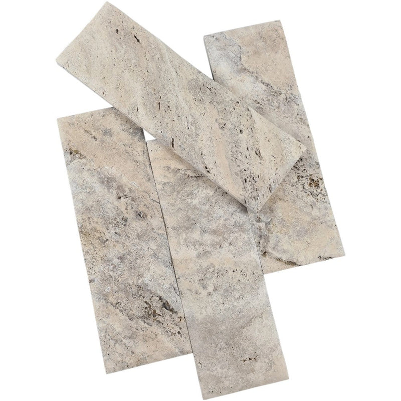 Silver Travertine Wavy Honed-Pillowed edge Floor and Wall Tile 4"x12" SKU-HS4x12STPL Top view
