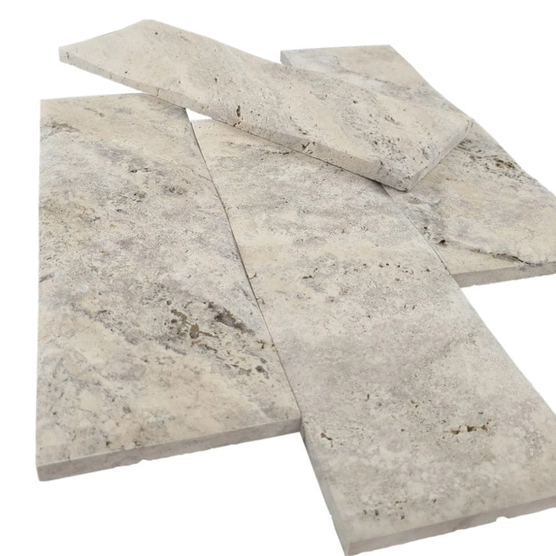 Silver Travertine Wavy Honed-Pillowed edge Floor and Wall Tile 4"x12" SKU-HS4x12STPL close view