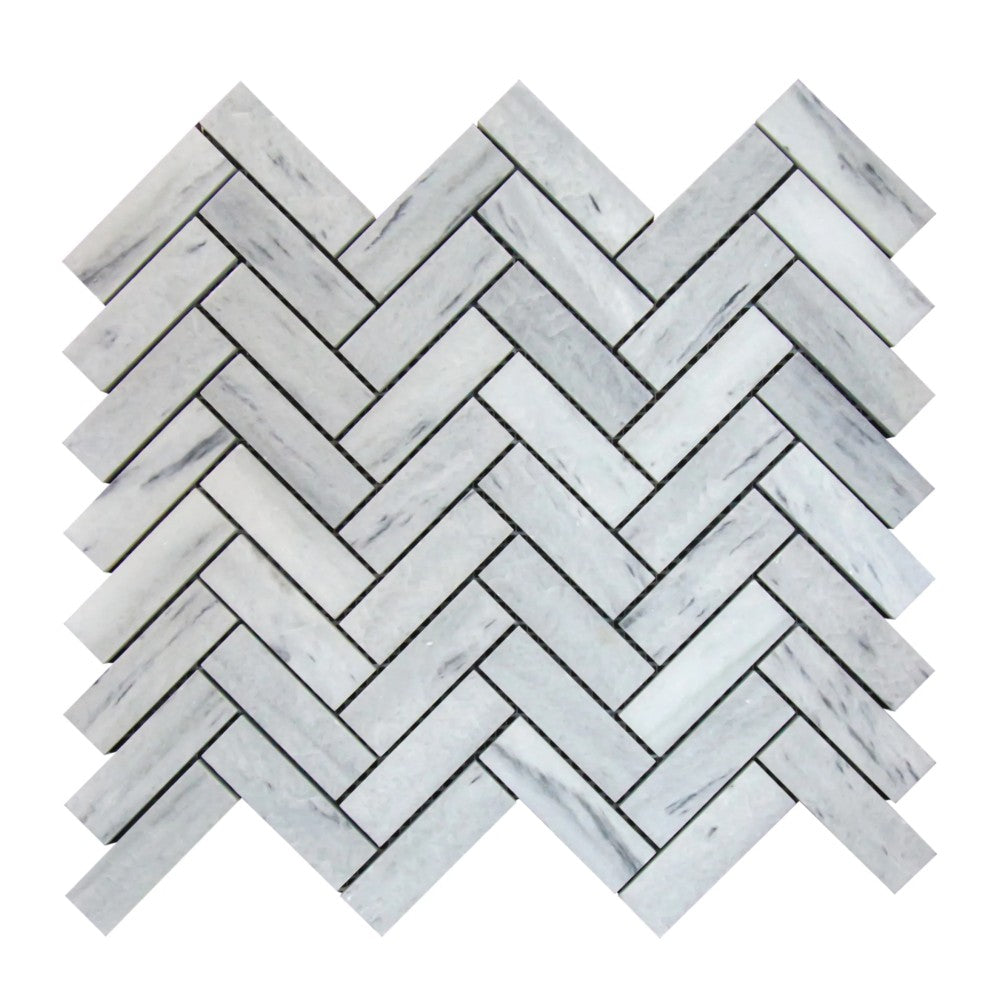 Solto white marble 1x3 herringbone honed SKU-HSSWH1x3HBMOSH on white background