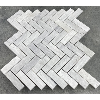 Solto white marble 1x3 herringbone honed SKU-HSSWH1x3HBMOSH top view