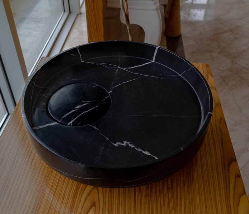 Toros Black Natural Stone Marble Artistic Vessel Sink Polished (D)17.5" (H)6"