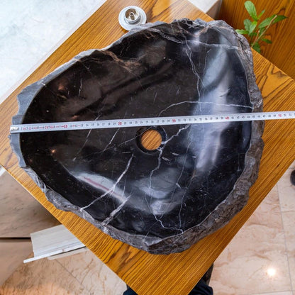 toros black rustic marble natural stone vessel sink polished hand-split face size (W)17" (L)17" (H)5" SKU-NTRVS08 product shot diameter measure