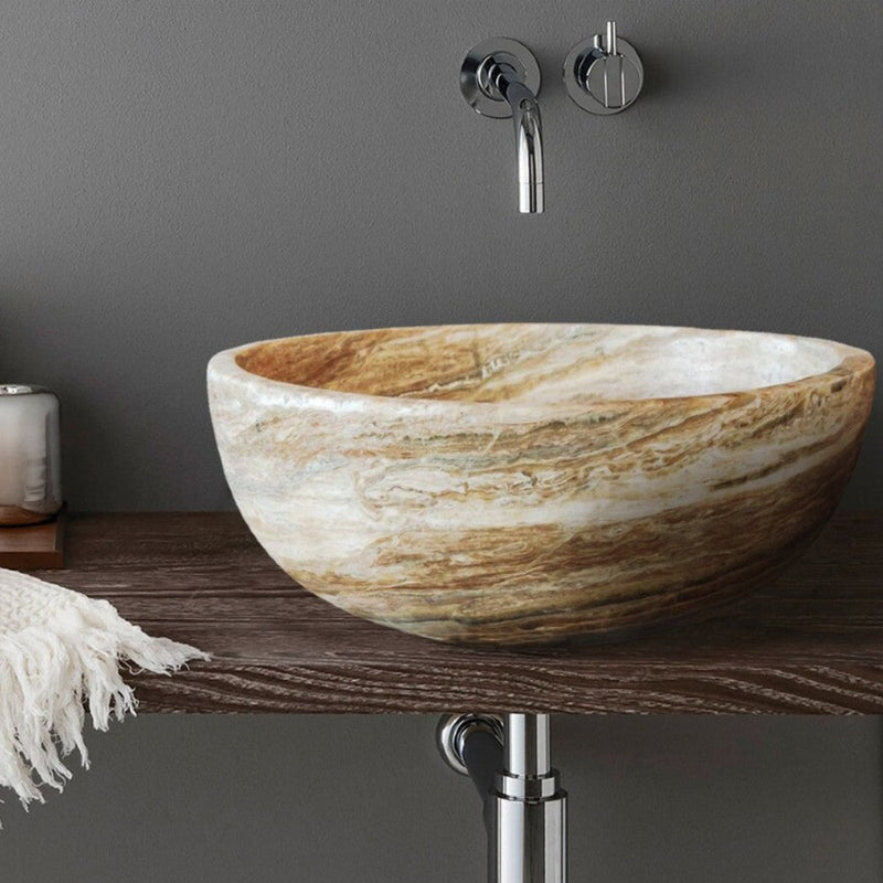traonyx travertine onyx natural stone marble vessel sink size (D)16" (H)6" SKU-NTRVS32 installed on bathroom above the counter