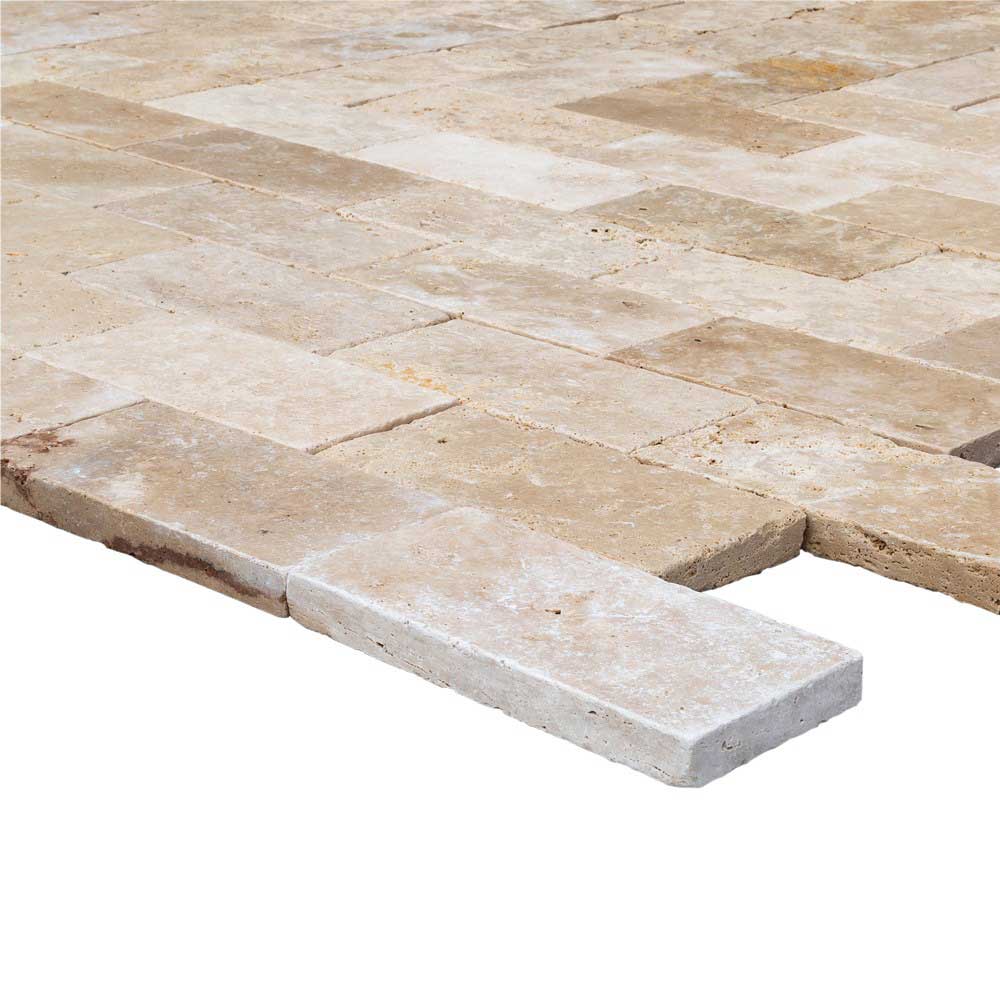 travertine pavers beige tumbled 6x12 SKU-20030006 close view