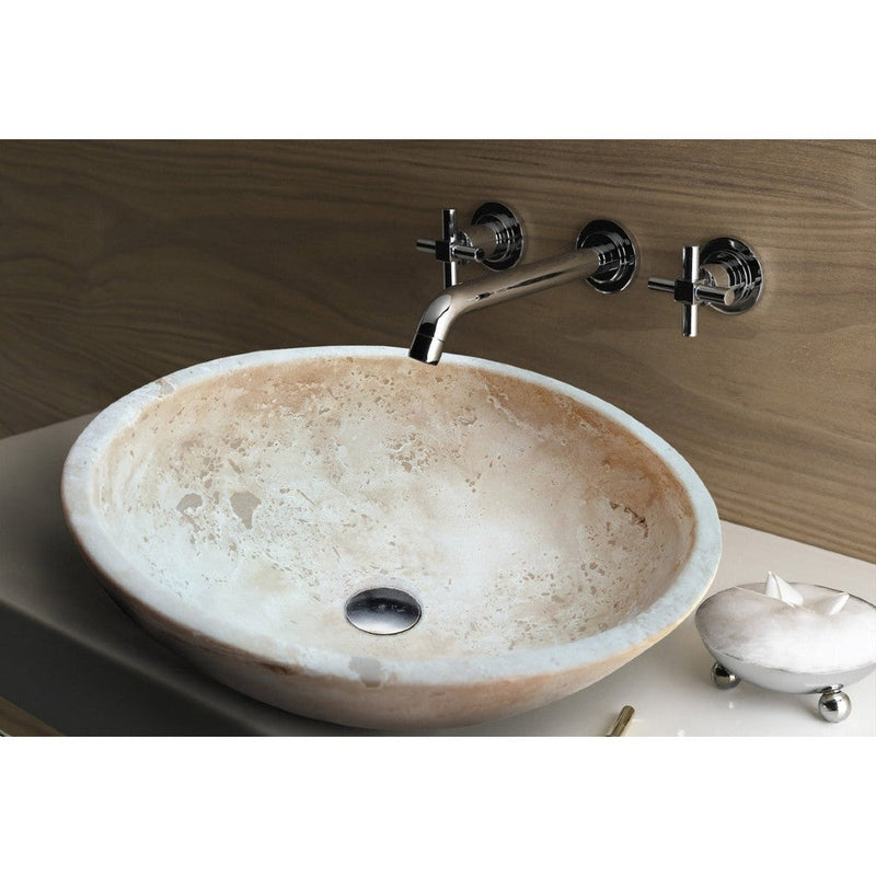 troia light beige travertine natural stone oval vessel sink surface honed filled size (W)16" (L)21" (H)6" (52cmx41cm)-SKU-NTRSTC06 installed on bathroom.