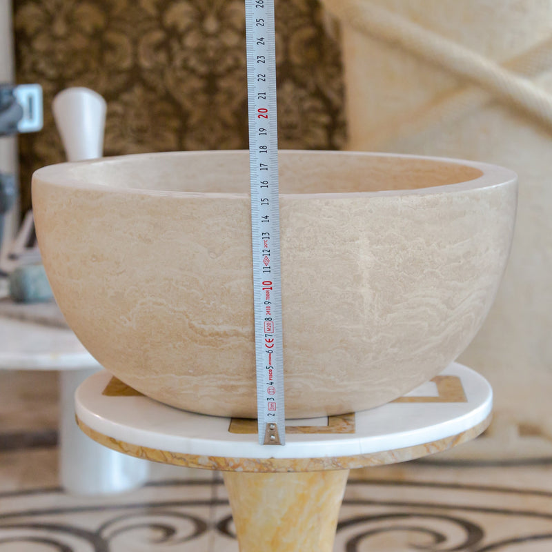 troia light travertine natural stone vessel sink honed and filled SKU NTRVS35 Size (D)12.5" (H)6" height measure view