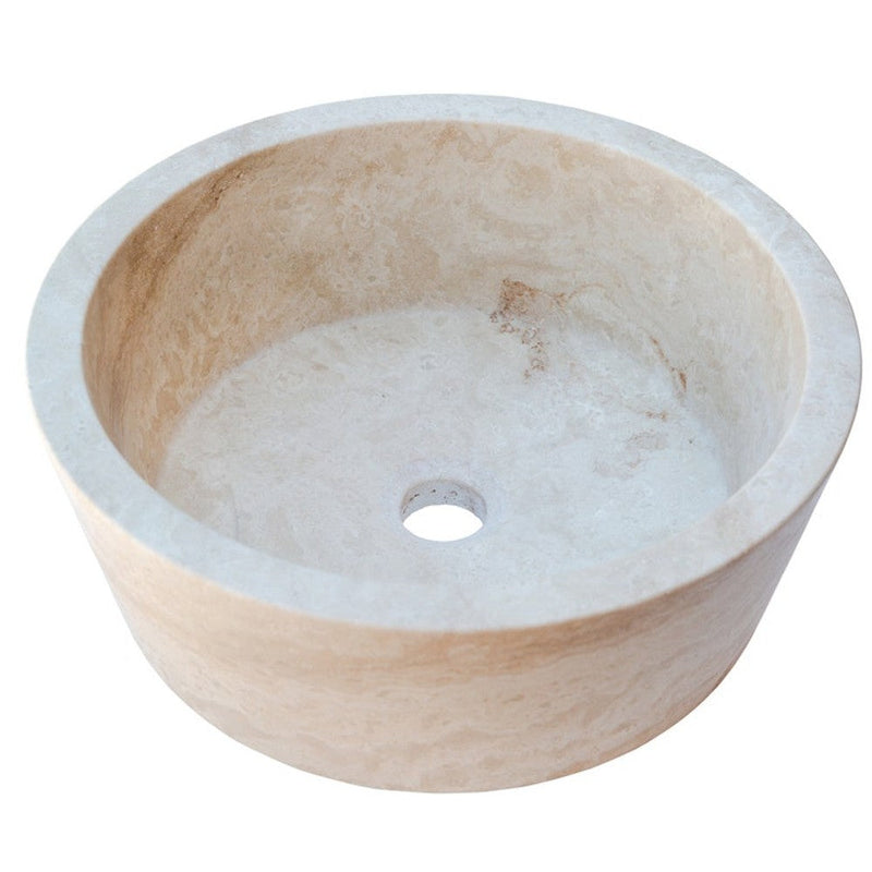 troia light travertine natural stone vessel sink surface honed filled size (D)16" (H)6" (45.8cmx45.8cmx23cm) SKU-NTRSTC10 product shot angle view