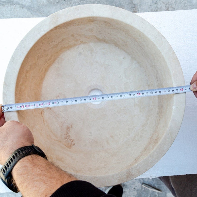 troia light travertine natural stone vessel sink surface honed filled size (D)16" (H)6" (45.8cmx45.8cmx23cm) SKU-NTRSTC10 product shot diameter measure