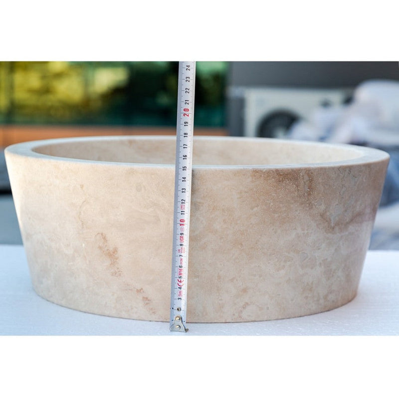 troia light travertine natural stone vessel sink surface honed filled size (D)16" (H)6" (45.8cmx45.8cmx23cm) SKU-NTRSTC10 product shot height measure
