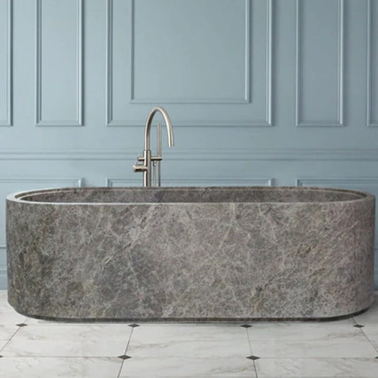 Tundra gray marble bathtub handcarved from solid marble block W(29.5) L(l67) H(19.5) SKU-SPTGMB32 installed view of product