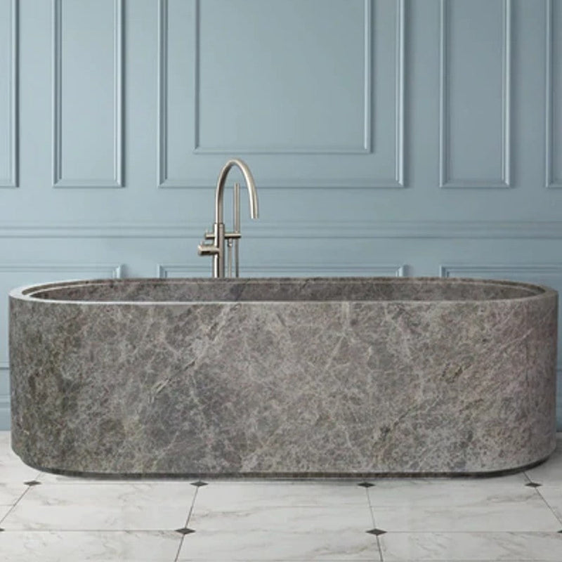 Tundra gray marble bathtub handcarved from solid marble block W(29.5) L(l67) H(19.5) SKU-SPTGMB32 installed view of product