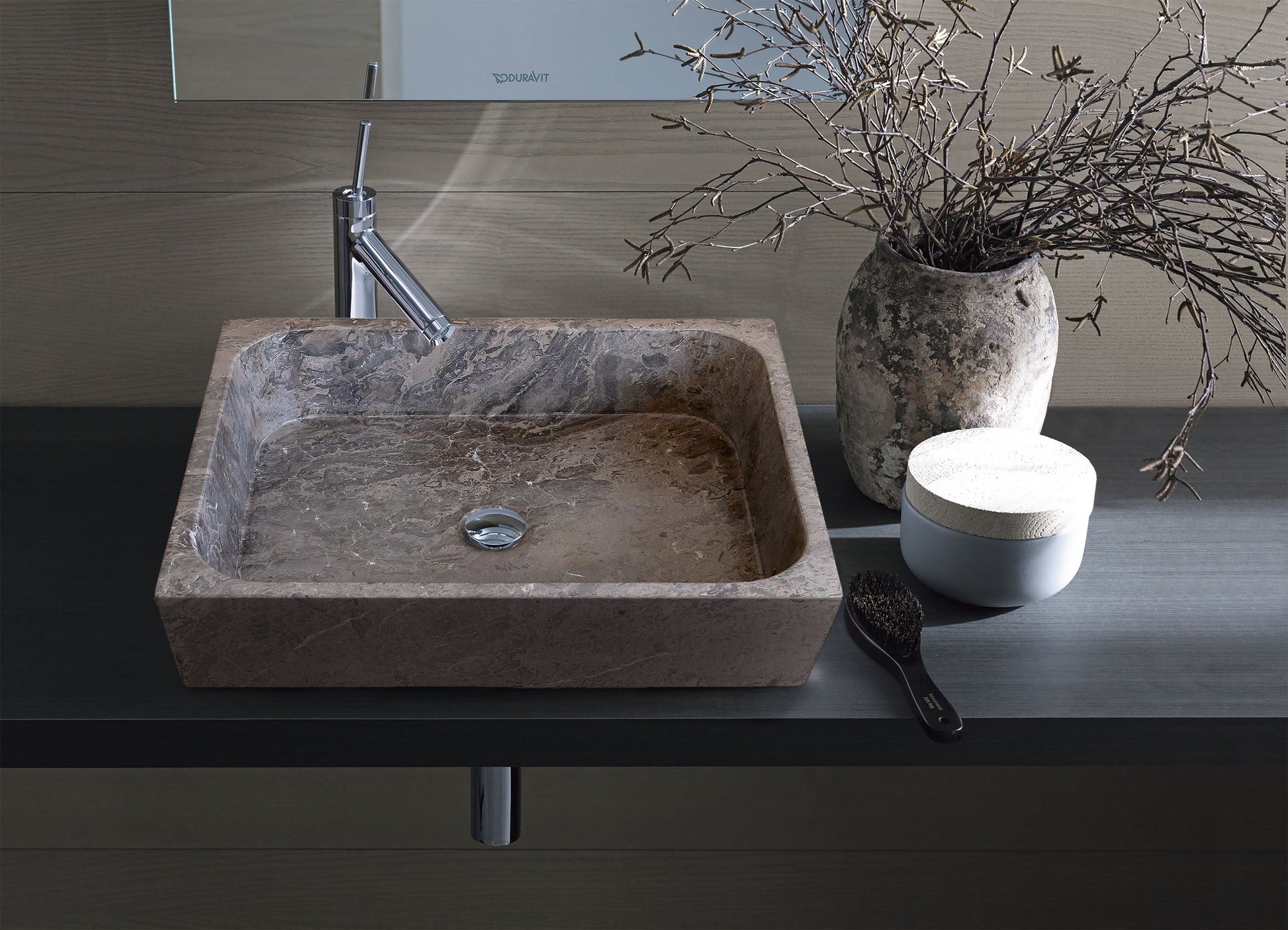 tundra gray marble farmhouse rectangular sink SKU NTRVS14 Size (W)16" (L)19.5" (H)5" installed in bathroom 