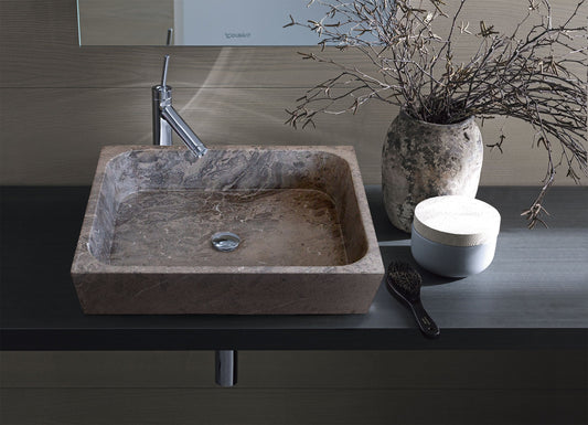 tundra gray marble farmhouse rectangular sink SKU NTRVS14 Size (W)16" (L)19.5" (H)5" installed in bathroom 