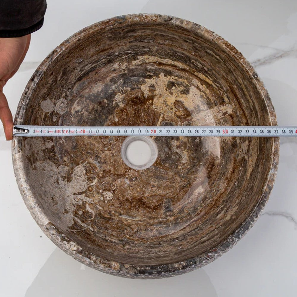 valencia travertine vessel sink honed inside sandblasted outside size (D)16" (H)6" SKU-EGEVTTR1672 diameter measure