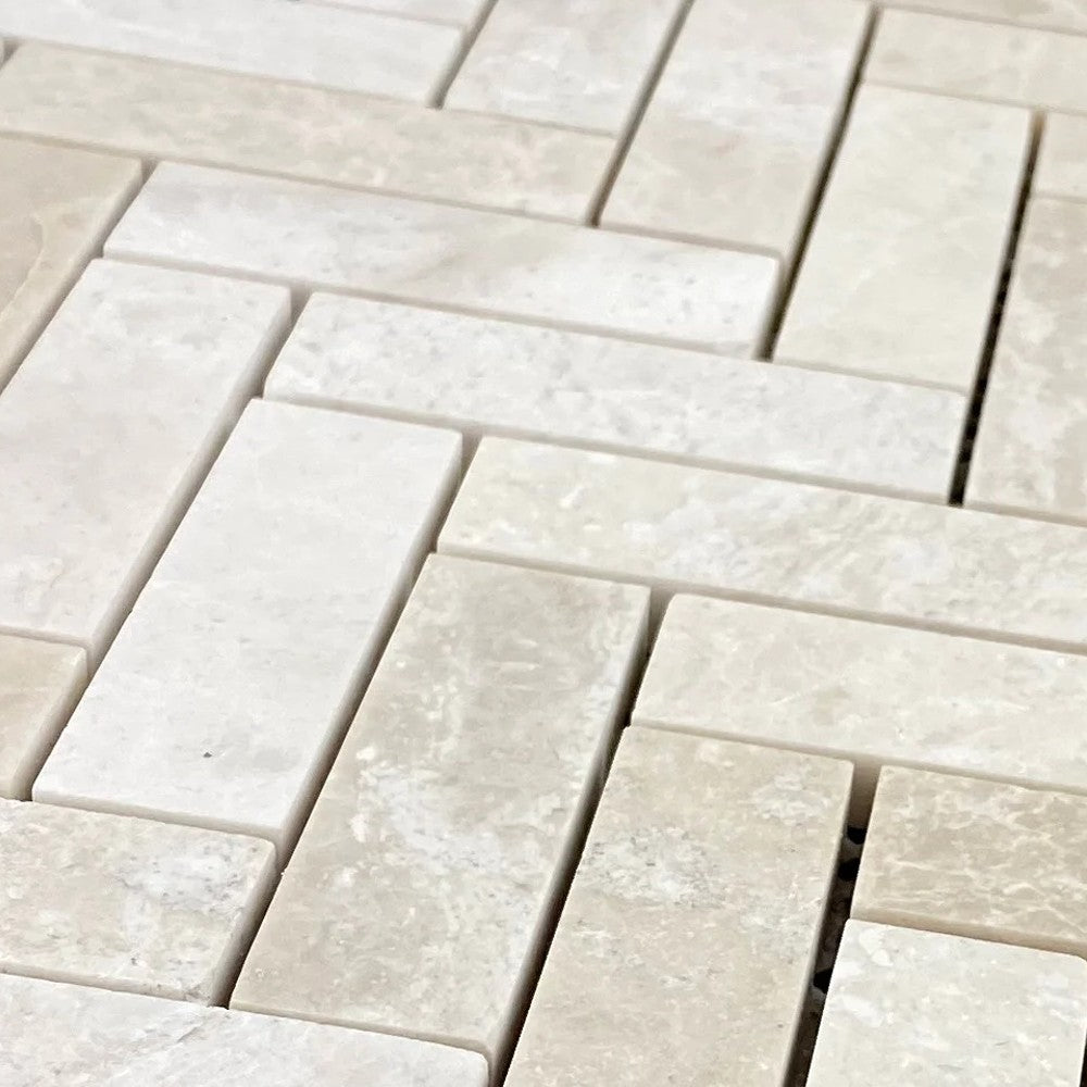 Vanilla Beige 1"x3" Herringbone on 12" x 12" Mesh Mosaic Tile SKU-HSVBH1x3HBMOSH close view