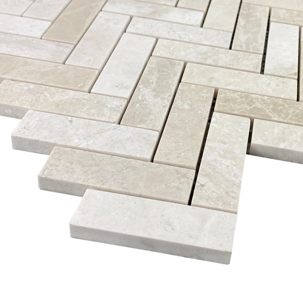 Vanilla Beige 1"x3" Herringbone on 12" x 12" Mesh Mosaic Tile SKU-HSVBH1x3HBMOSH corner view