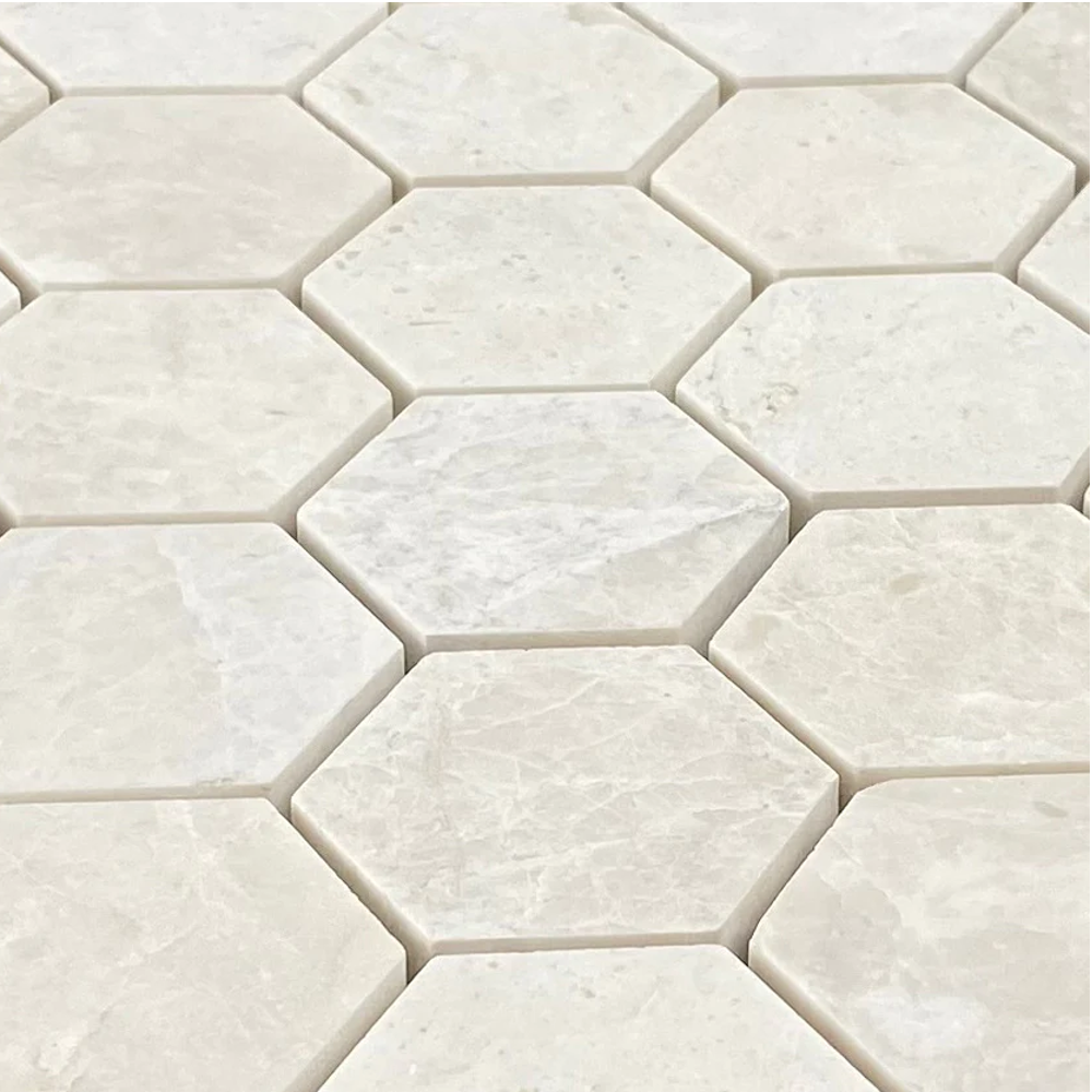 Vanilla Beige Marble 2" Hexagon on 12" x 12" Mesh Mosaic Tile SKU-HSVN2HEXMOSH close view