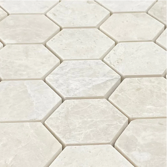 Vanilla Beige Marble 2" Hexagon on 12" x 12" Mesh Mosaic Tile SKU-HSVN2HEXMOSH close view