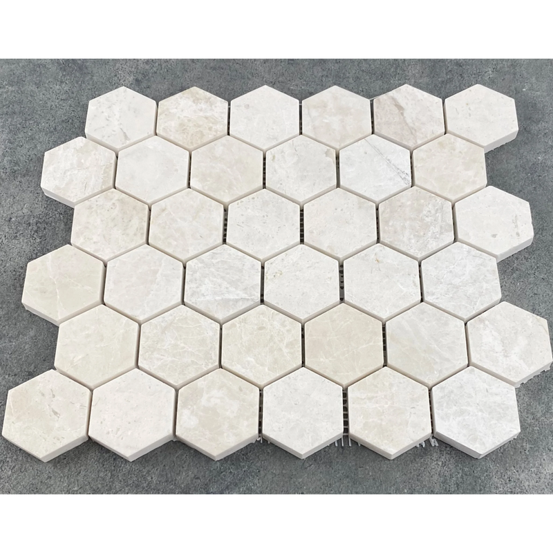 Vanilla Beige Marble 2" Hexagon on 12" x 12" Mesh Mosaic Tile SKU-HSVN2HEXMOSH top view